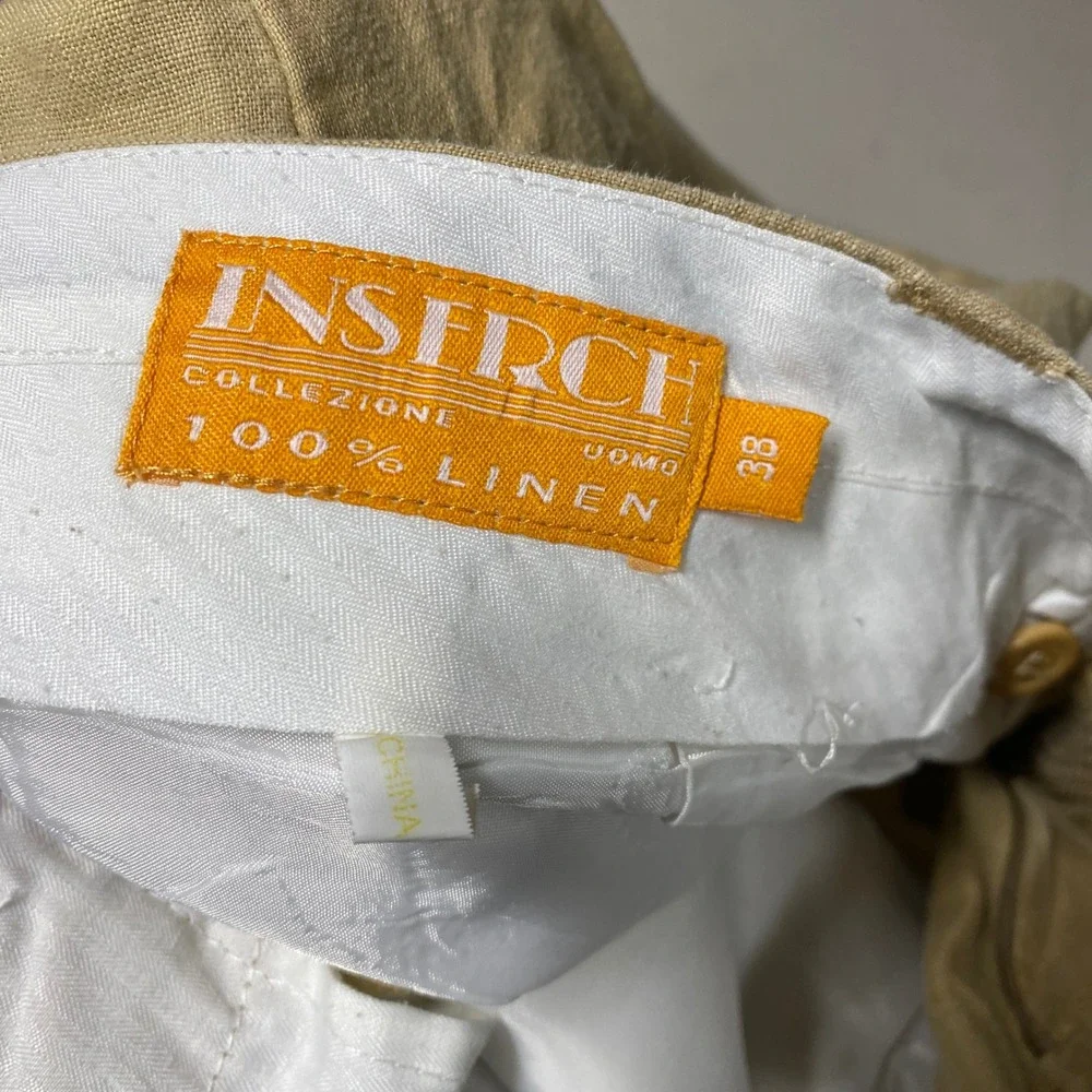 Inserch Linen Pleated Trousers Mens 38 Tan Wide Leg Cuffed Summer Dress Pants